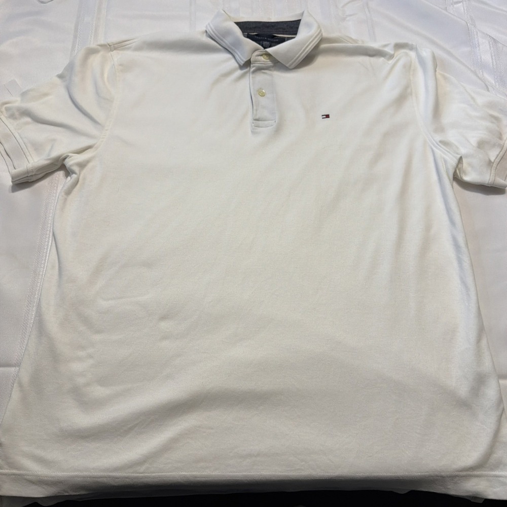 Tommy Hilfiger Mens Polo Shirt XL White Short Sleeve Pique Cotton Flag Logo